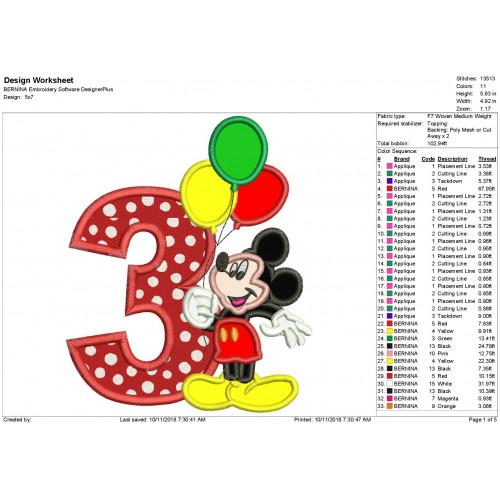 Mickey Mouse 3rd Birthday Holding a Balloons Applique Design