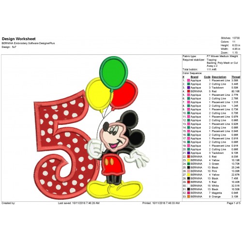 Mickey Mouse 5th Birthday Holding a Balloons Applique Design