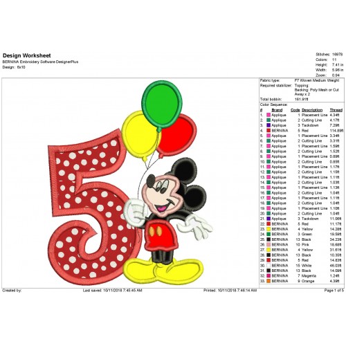 Mickey Mouse 5th Birthday Holding a Balloons Applique Design