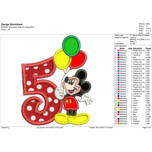 Mickey Mouse 5th Birthday Holding a Balloons Applique Design
