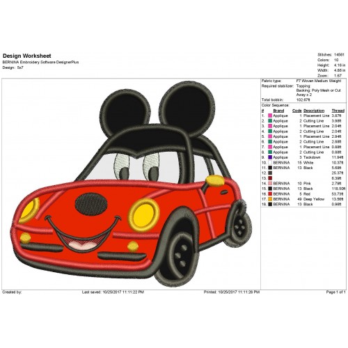 Mickey Mouse Disney Car Mickey Ears Applique Design