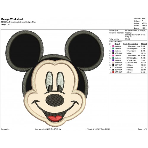 Mickey Mouse Disney Embroidery Applique Design