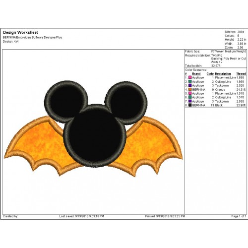 Mickey Mouse Halloween Bat Applique Design