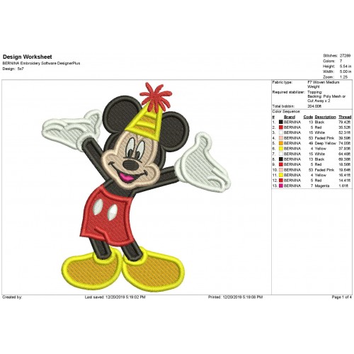 Mickey Mouse Happy Birthday Fill Stitch Embroidery Design
