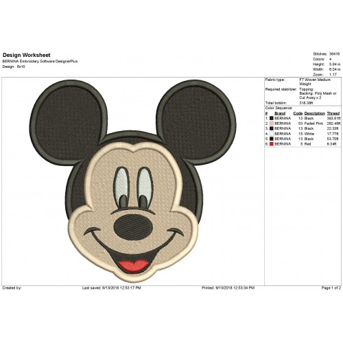 Mickey Mouse Happy Face Filled Embroidery Design