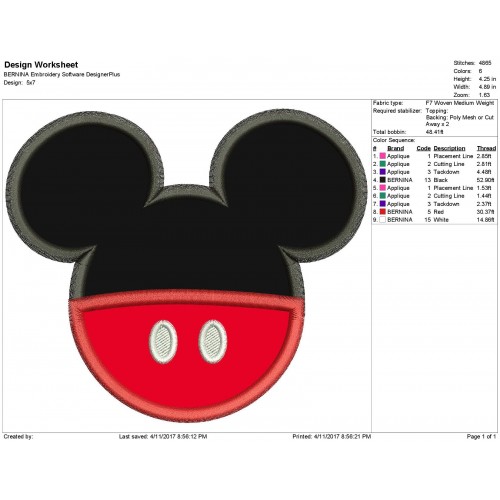 Mickey Mouse Head Embroidery Applique Design