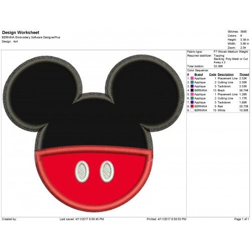 Mickey Mouse Head Embroidery Applique Design