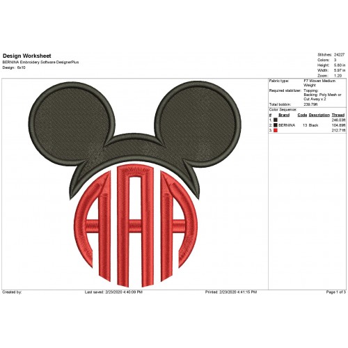 Mickey Mouse Monogram Filled Embroidery Design