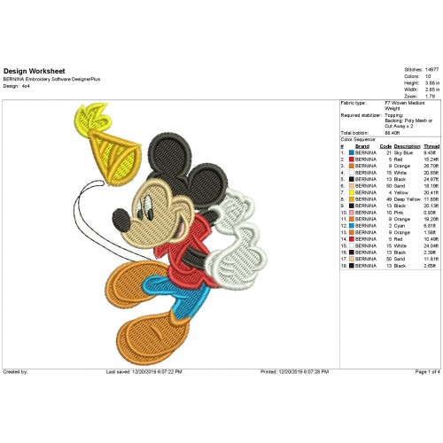 Mickey Mouse Party Fill Stitch Embroidery Design