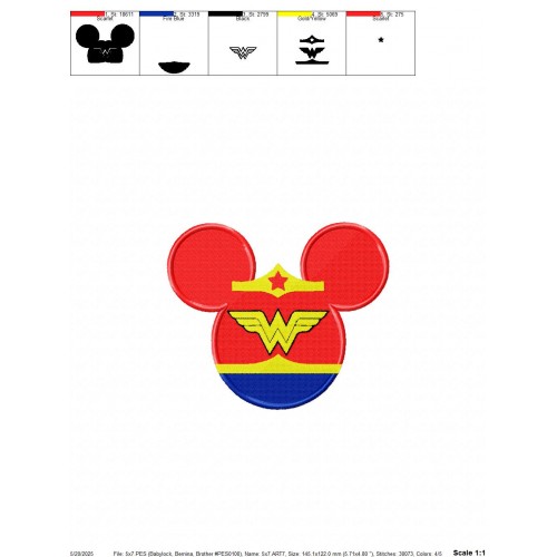 Mickey Mouse Wonder Woman Embroidery Design Embr