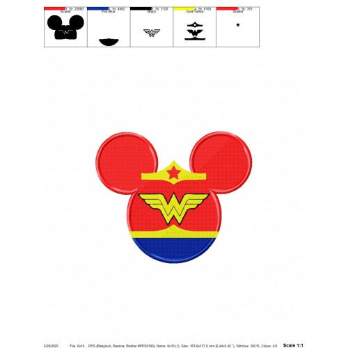 Mickey Mouse Wonder Woman Embroidery Design Embr