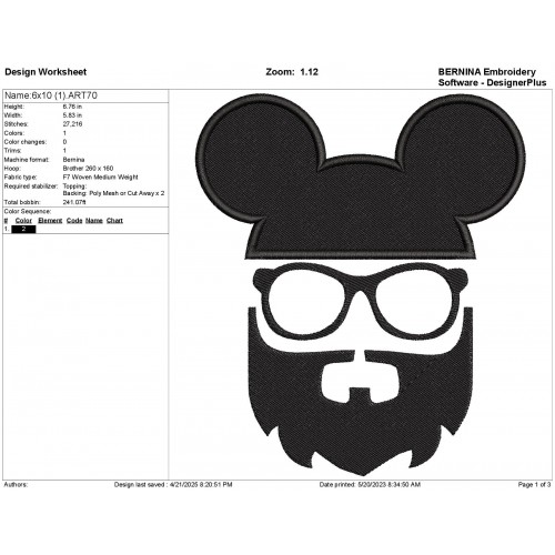 Mickey Mouse with Beard Embroidery Design Embr