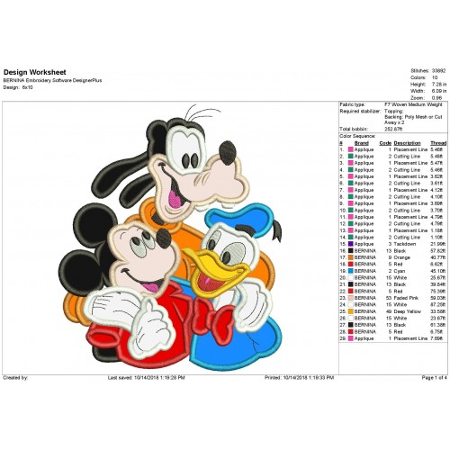 Mickey Mouse with Goofy and Donald Duck Disney Characters Applique Design