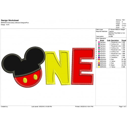 Mickey ONE Applique Design - Mickey Birthday Applique