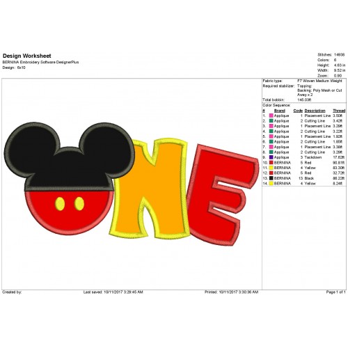 Mickey One Birthday First Birthday Applique Design
