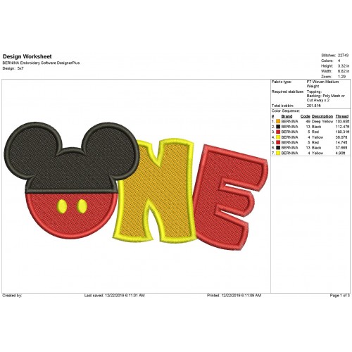 Mickey One Birthday First Birthday Fill Stitch Embroidery Design