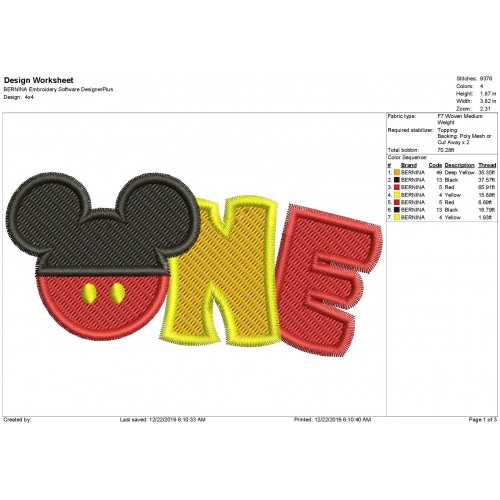 Mickey One Birthday First Birthday Fill Stitch Embroidery Design