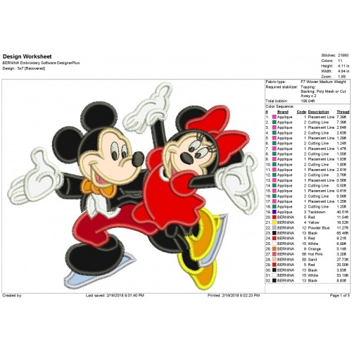 Mickey and Minnie Mouse Skating Applique Design