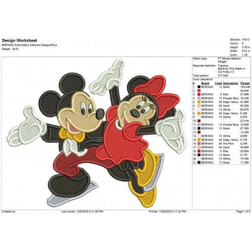 Mickey and Minnie Mouse Skating Filled Stitch Embroidery Design
