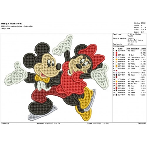 Mickey and Minnie Mouse Skating Filled Stitch Embroidery Design