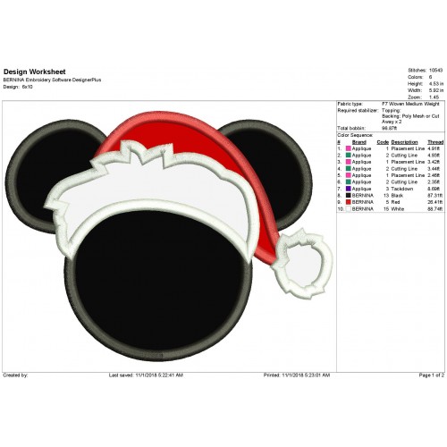 Mikcey Ears Christmas Santa Applique Design