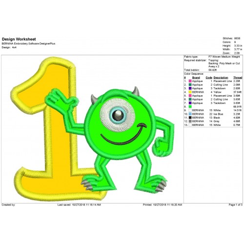 Mike Monsters Inc 1st Birthday Applique Design