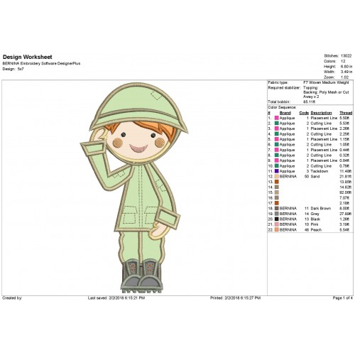 Military Girl Saluting Applique Design