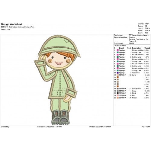 Military Girl Saluting Applique Design