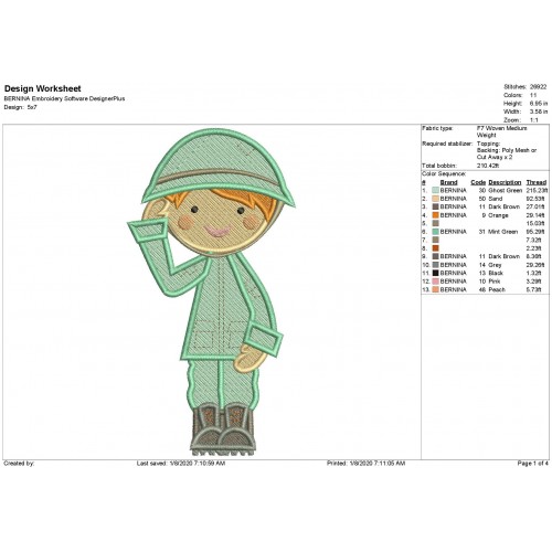 Military Girl Saluting Fill Stitch Embroidery Design