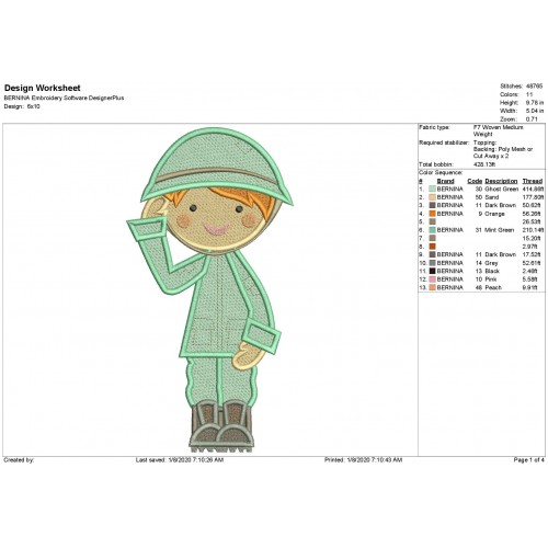 Military Girl Saluting Fill Stitch Embroidery Design