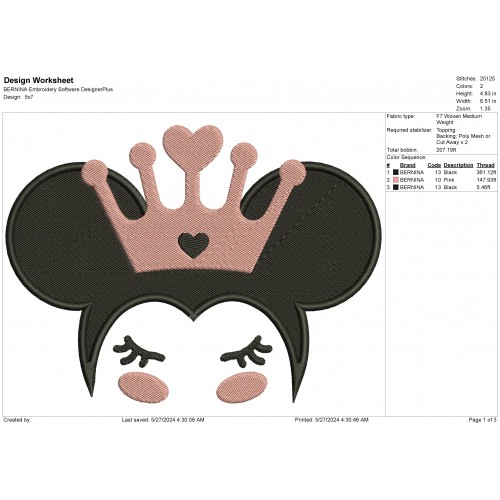 Minnie Birthday Princess With Crown Embroidery Design