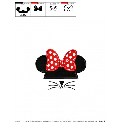 Minnie Ears Whiskers Embroidery Design Embr