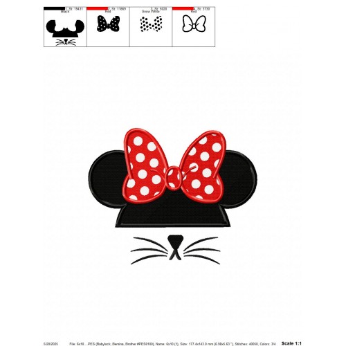 Minnie Ears Whiskers Embroidery Design Embr