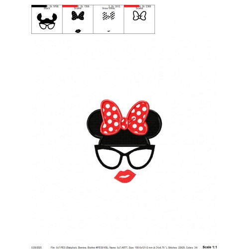 Minnie Ears and Glasses Embroidery Design Embr