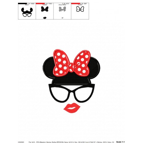 Minnie Ears and Glasses Embroidery Design Embr