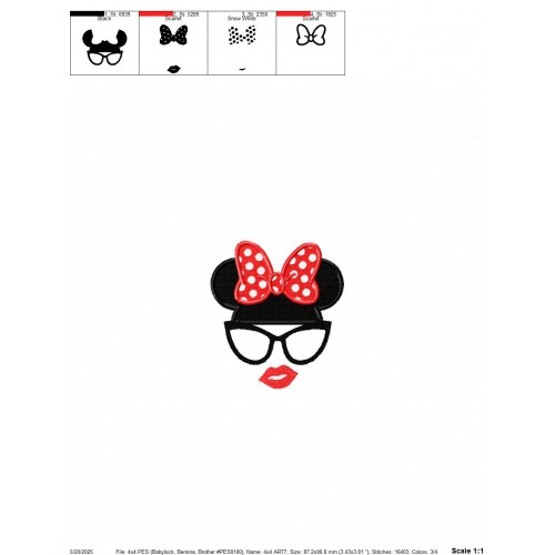 Minnie Ears and Glasses Embroidery Design Embr