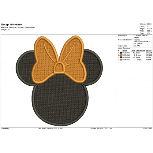 Minnie Mouse Ears Fill Stitch Embroidery Design - Minnie Mouse Ears Embroidery Design