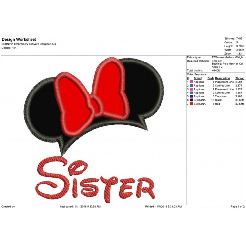 Minnie Mouse Ears Sister Birthday Applique Design