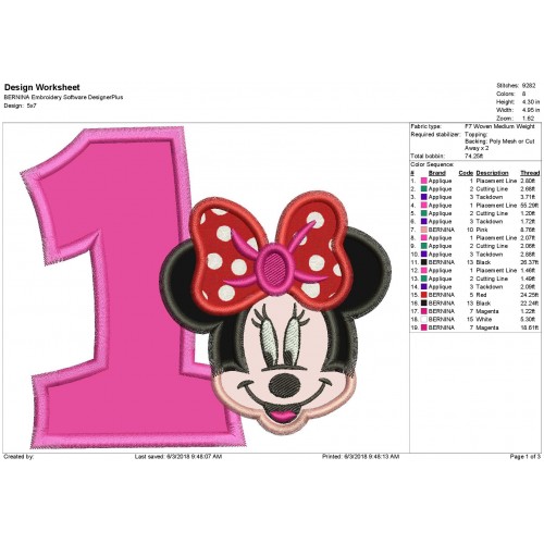 Minnie Mouse Face with a Number 1 Applique Design