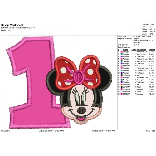 Minnie Mouse Face with a Number 1 Applique Design