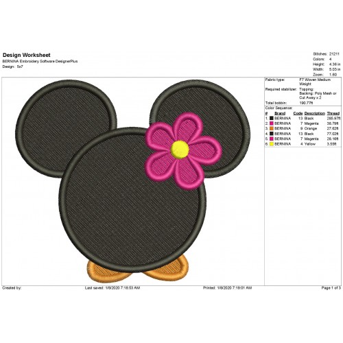 Minnie Mouse Fill Stitch Embroidery Design - Miss Minnie Embroidery Design