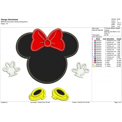 Minnie Mouse Head Bow Hands and Shoes Applique Design