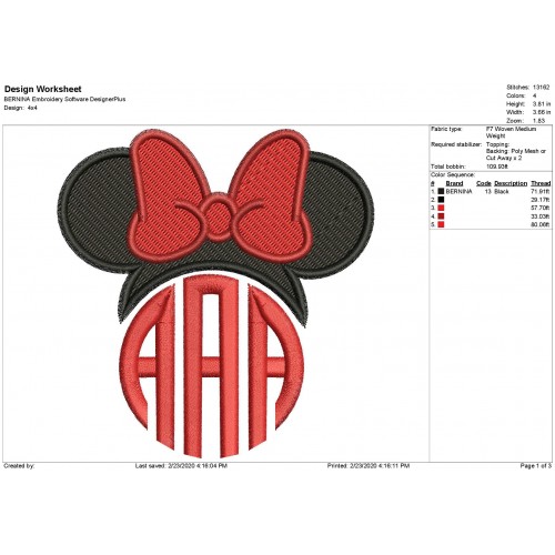 Minnie Mouse Monogram Filled Stitch Embroidery Design