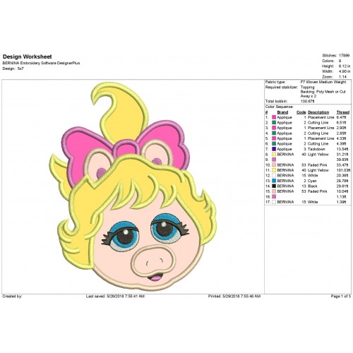 Miss Piggy Face Muppet Babies Applique Design