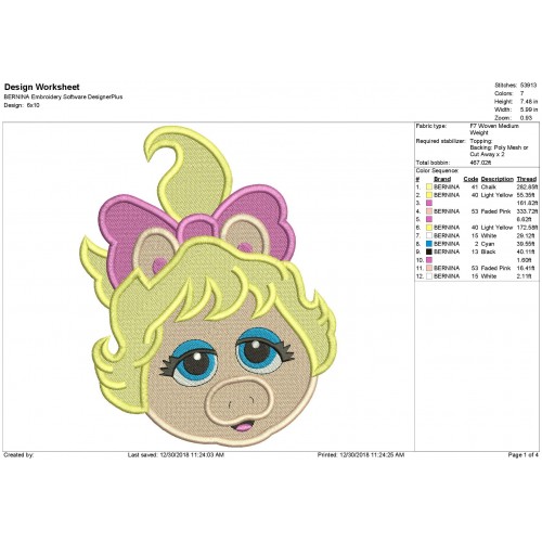 Miss Piggy Face Muppet Babies Filled Embroidery Design