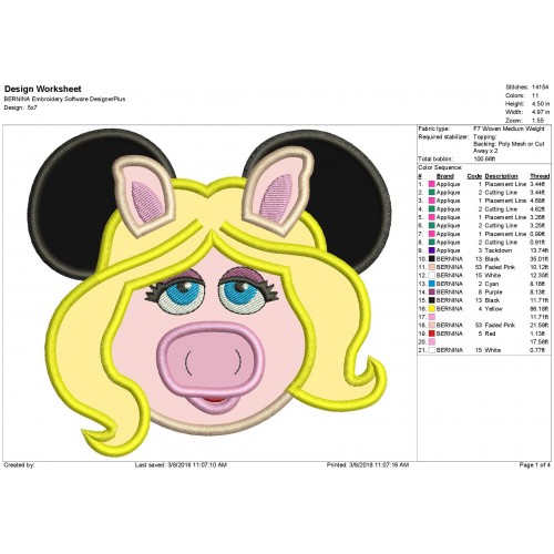 Miss Piggy Mouse Ears Applique Design