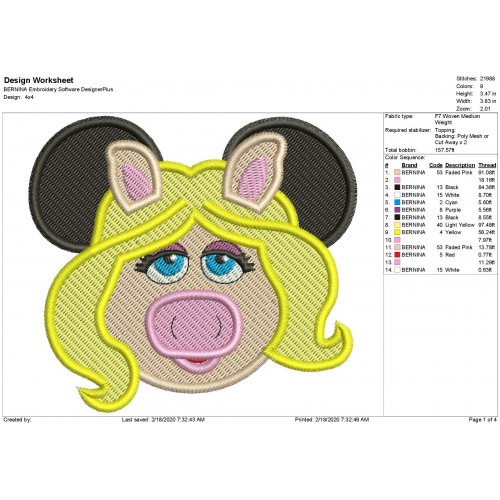 Miss Piggy Mouse Ears Filled Embroidery Design