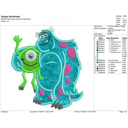 Monster Inc Applique Design