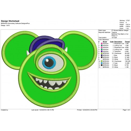 Monsters Inc Mike Machine Applique Design