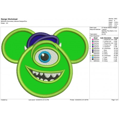 Monsters Inc Mike Machine Applique Design